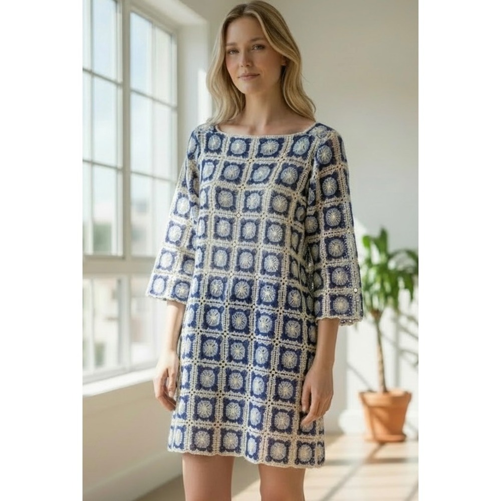 Chelsea & Violet Granny Square Crochet Mini Dress M Boho Coastal Grandmother
